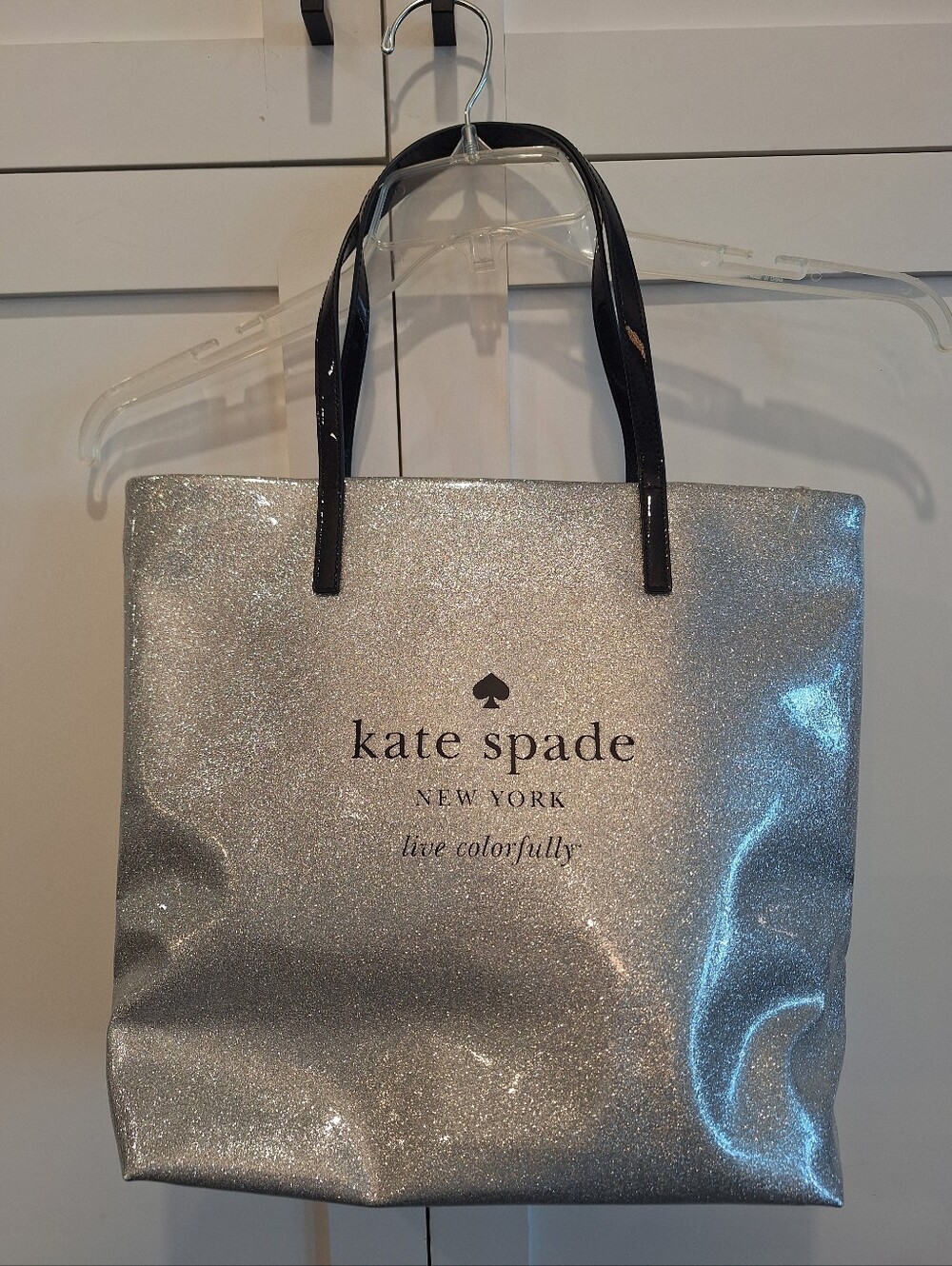 Kate Spade NY Silver Glitter "Live Colorfully" Shopper Tote EUC - Picture 3 of 6